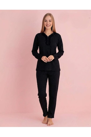 Pijamerry Kadın Bambu Baharlık Dantel Yaka Uzun Kol İnce Pijama Takımı 5210s - 1 Adet Siyah