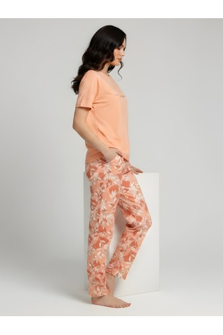 Kadın Kısa Kollu Desenli Pijama Takım Turuncu