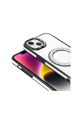 Apple Uyumlu iPhone 14 Kılıf Pırlanta Taş Tasarımlı M-safe Şarj Özellikli Zore Karetta Silikon Kapak Mavi