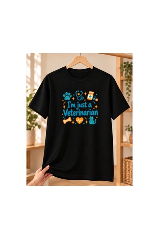 Veteriner Baskılı Siyah Tişört - Veterinere Hediye Unisex