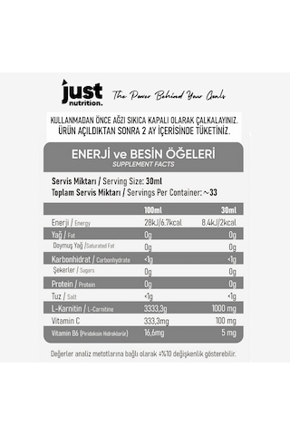 Just Nutrition L-carnitine 1000 Mg 1000 Ml 33 Servis Limon + 2 X L-karnitin Shot