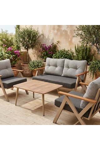 Venedik 2+1+1+sehpa Metal Balkon Takımı Keten Dokulu Kumaş Cappuccino Metal - Bahçe Teras Oturma Grubu