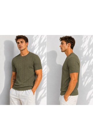 Ribana Erkek Bisiklet Yaka Kısa Kollu Esnek Örme Triko T-shirt 26091 Haki