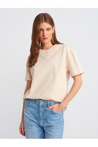 Dilvin 30312 Dekoratif Dikişli Bisiklet Yaka Tshirt-taş Taş