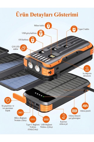 20000mah Solar Powerbank - Katlanabilir 4 Panel, Darbeye Dayanıklı Kasa Ve Fenerli Kamp Şarj Aleti Siyah Turuncu