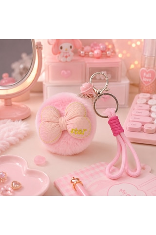 Pembe Peluş Fiyonk Tasarımlı Çift Taraflı Katlanabilir Cep Makyaj Aynası Anahtarlıklı Çanta Aksesuar Çok Renkli