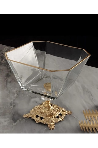 Atabey Home Metal Ayaklı Gold Detaylı Cam Büyük Boy Salata Servis Kasesi