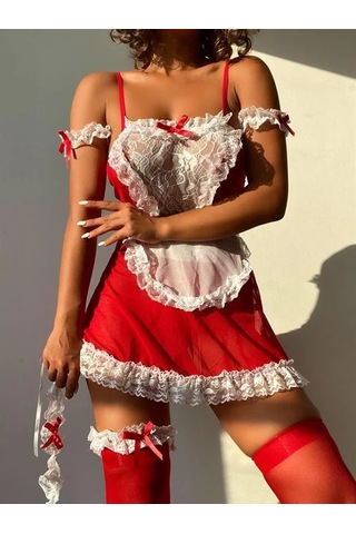 Ang Butik Kadın Fiyonk Detaylı Kırmızı Hizmetçi Kostümü Takımı