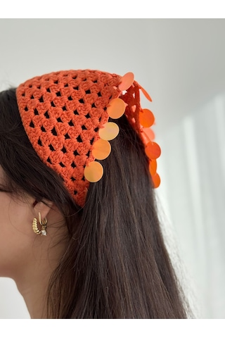 Kadın El Örgüsü Üçgen Bandana Saç Aksesuarı Turuncu
