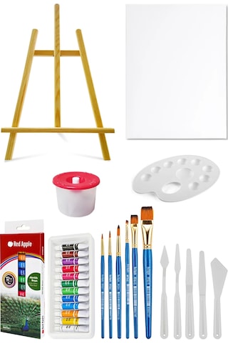 Masaüstü Şövale Akrilik Boya Seti 9 Ml 12'li Tuval Seti 35x50 Plastik Spatula Seti Çok Renkli