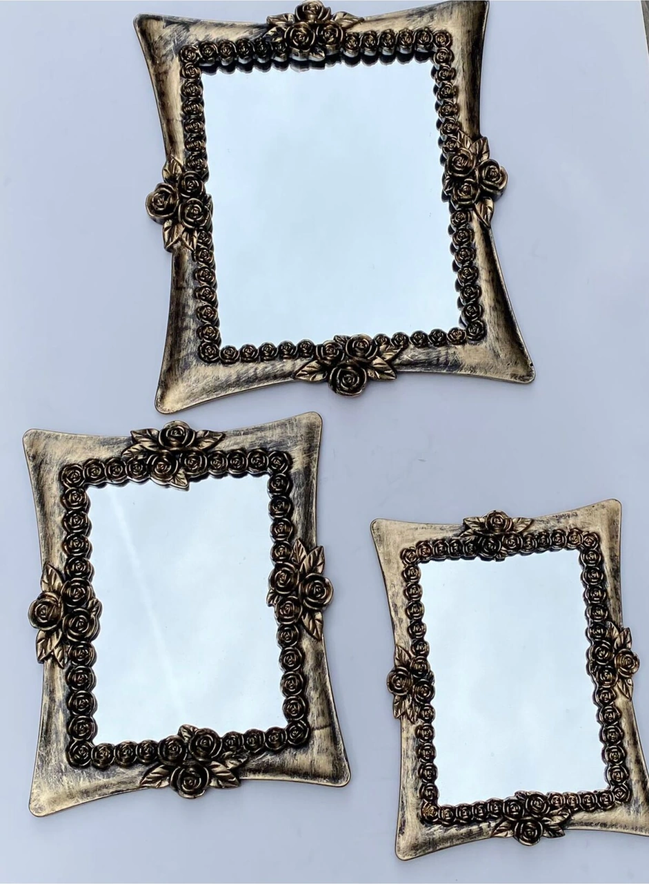 Dekoratif Polyester Üçlü Kare Ayna Takımı Gold Siyah Eskitme