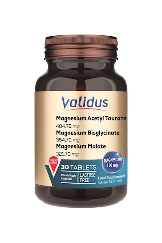 Validus Magnezyum Complex Bisglycinate Taurat Malat Vitamin B6 Vitamin D3 1000 Ünite 30 Tablet