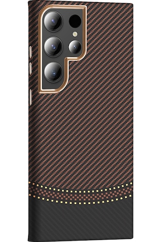 Nourthkiingdom Galaxy Uyumlu S24 Ultra Kılıf M-safe Şarj Özellikli Karbon Fiber Görünümlü Nrtk Gros Kapak - Gold-siyah Gold-siyah