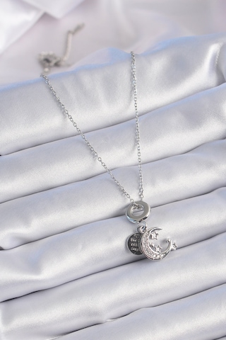 Gümüş Renk Zirkon Taşlı Ay Yıldız Figür Charm Model Kadın Kolye - Ebj241012w28468 Bakır