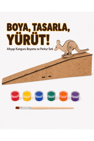Çocuk Ahşap Hareketli Kanguru Boyama Seti 6 Renk Boya, Fırça Ve Kolay Montaj Parkuru
