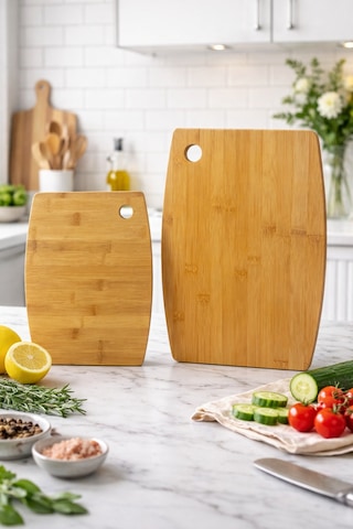 Makri Home 2 Li Bambu Kesme Tahtası Ve Sunum Seti Doğal Ahşap, Dayanıklı, Çok Amaçlı Mutfak Kesim Panosu Ahşap