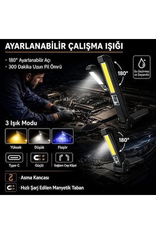 Gold Silver Şarjlı Led Çalışma Lambası, Cob + Xte El Feneri, 180 Ayarlanabilir, Manyetik Tabanlı, Type-c Hızl
