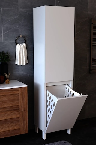 Df03110 Çamaşır Sepetli Çok Amaçlı Banyo Dolabı Kapaklı Raflı Kirli Çamaşır Düzenleme Dolabı Beyaz