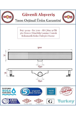 Duş Gider Kanalı - Dönerli Hazne - 304 Paslanmaz Izgara - 50cm