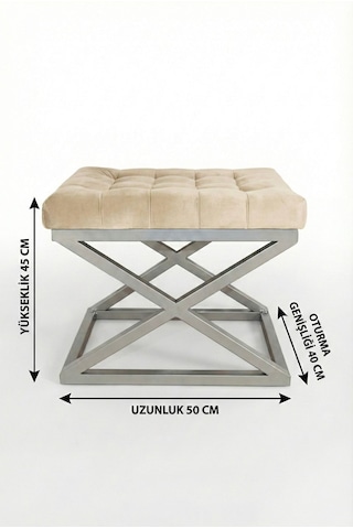 Nexus Babyface Kapitoneli Puf - Krom Metal X Ayaklı Modern Bench 50x40 Cm Bej