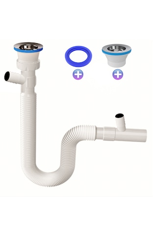 Çift Çamaşır Ve Bulaşık Makinesi İçin Körüklü Lavabo Sifonu Çift