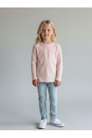 Zekids Kız Çocuk Pamuklu Bisiklet Yaka Uzun Kollu İnce Basic T-shirt-16776 Somon
