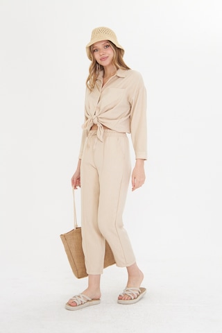 Bej Kadın Keten Gömlek Ve Pantolon Alt Üst Takım Bej