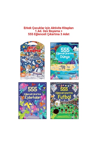 1 Ad. Dev Boyama + Erkek Çocuklar İçin 555 Eğlenceli Çıkartma Seti 3 Ad.- Dünya, Ejderhalar, Futbol