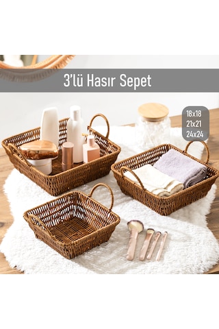 Porsima 303c 3lü Düzenleyici Kare Hasır Sepet Seti Ekmeklik Sepet