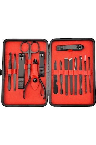 CİN290 Deri Çantalı Manikür Set Tırnak Makası Seti 15 Parça Siyah