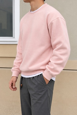 Cool Tarz Erkek 3 İplik Şardonlu Regular Fit Bisiklet Yaka Basic Sweatshirt Pembe Pembe