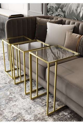 Dekoport Mira 3lü Zigon Sehpa C Sehpa - Yan Sehpa Gold Şeffaf Cam Gold Şeffaf