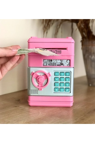 Elektronik Işıklı Sesli Şifreli Kasa Otomatik Kağıt Para Alan Kasa Atm Şifreli Pilli Kumbara Pembe