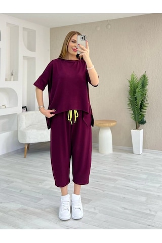 Kadın Kısa Kollu Bisiklet Yaka Viskon Iki Iplik Bluz Ve Pantolon Ikili Takım Bordo