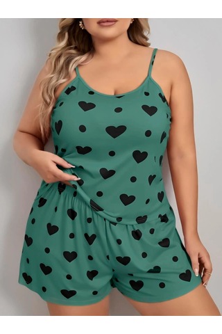 Senoramoda Büyük Beden Yeşil Kalp Desen Pamuklu Şortlu Pijama Takımı