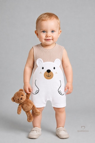 Babyden's Erkek Bebek Yazlık Ayıcık Baskılı Fitilli Tulum %100 Pamuk Kolsuz Şort Tulum Yenidoğan Bebek Romper 0-9 Ay Bej