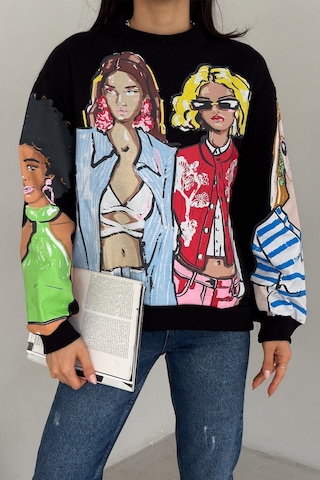 Femelle Kadın Siyah 3 İplik Şardonlu Baskılı Oversize Pamuk Sweatshirt