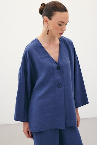Sateen Düğmeli Kimono - İndigo-136358 İndigo
