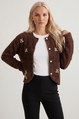 Soft&Basic Taş İşlemeli Yumuşak Tüylü Triko Düğmeli Hırka Kahve