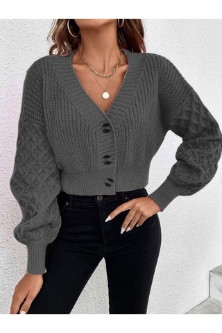Aqe Fashion V Yaka Örgü Desenli Triko Crop Antrasit Hırka Antrasit
