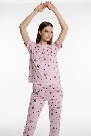 Kompedan Kadın Bisiklet Yaka Yumuşak Dokulu Ayıcık Desenli Kısa Kol Pijama Takım Pembe 70132-4603