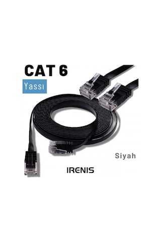Irenis CAT6 Kablo Yassı Ethernet Network Lan Ağ İnternet Kablosu 1 M Siyah