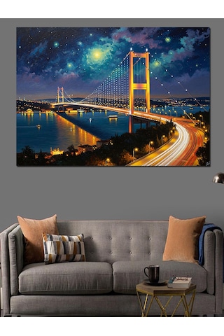 Gece Işıklarıyla İstanbul Boğaz Köprüsü Dekoratif Kanvas - Mdf Ahşap Tablo