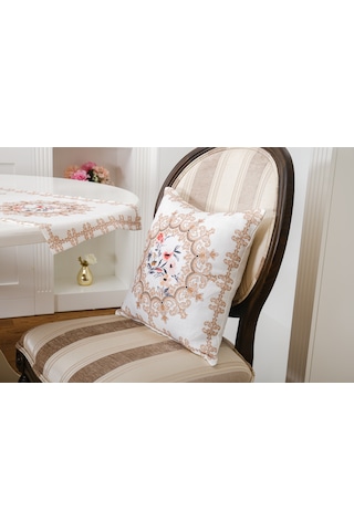 Finezza Frame Baskılı Kumaş Kreme Çiçekli  Kırlent Kılıfı 45x45  İkili - 1433