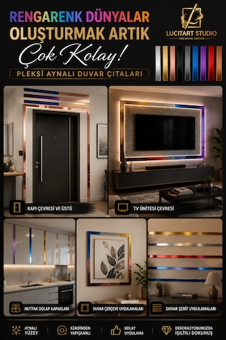 Lucitart Studio 5 Adet 5cmx120cm 1mm Kalınlığında Kendinden Yapışkanlı Pleksi Aynalı Duvar Çıtası 9 Renk Seçeneği Dekoratif Duvar, Kapı, Tv Ünitesi Ve Mobilya Çıtası Siyah