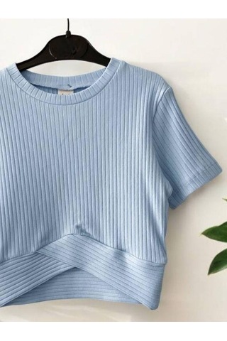 Zekids Kız Çocuk Fitilli Yarım Kol Crop T-shirt-14485 Mavi
