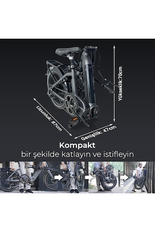 Katlanabilir Elektrikli Bisiklet B13 Pedelec Gri Güçlü 36v 14