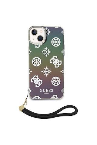 Apple Uyumlu iPhone 15 Kılıf Guess Lisanslı Desenli Yazı Logolu Askı İpli Holografik Glitter Peony Siyah