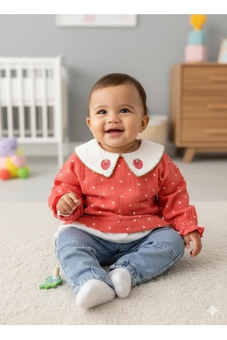 Alpbebe Çilek Yakalı Müslin Gömlekli Kot Pantolonlu 2'li Takım Nar Çiçeği
