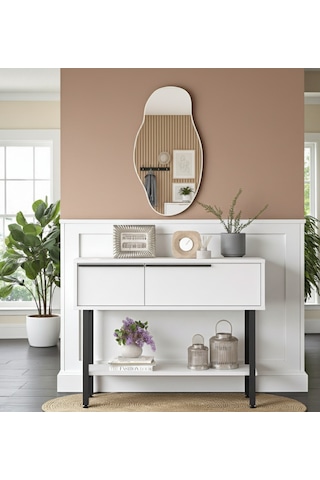 Robin Home Antre Hol Salon Aynalı Dresuar Kapaklı Metal Ayaklı No1 Beyaz Beyaz